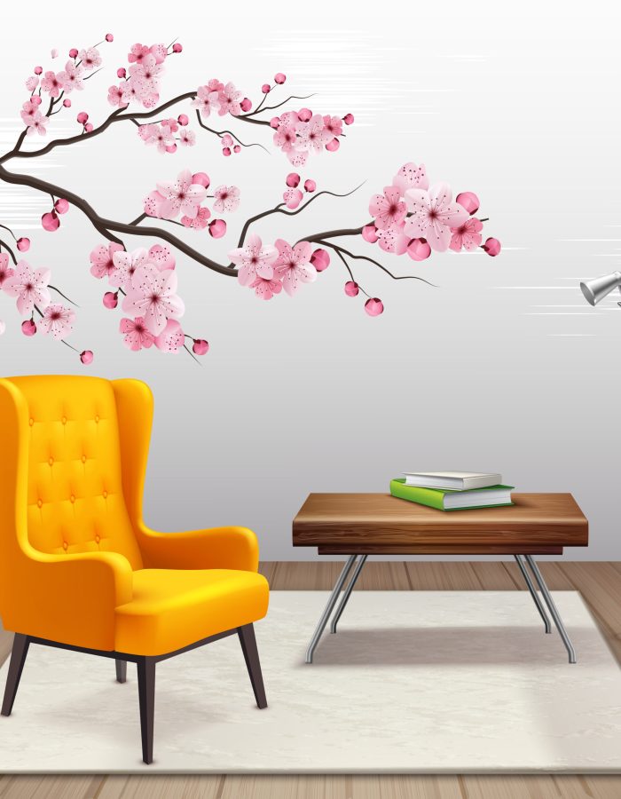 Sakura interior composition with cherry twig in the house next to armchair and coffee table vector illustration